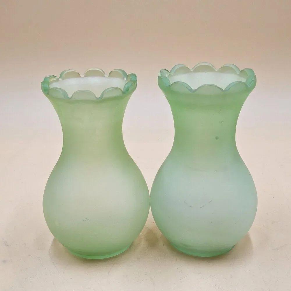 Vintage Viking Glass Frosted Green Uranium Glass Vases 6.25